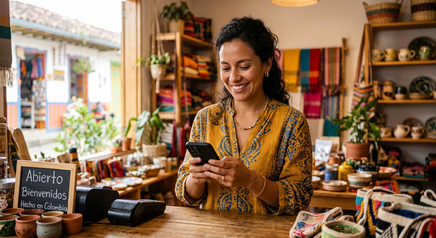 Joven emprendedora usando su celular en su pequeño negocio